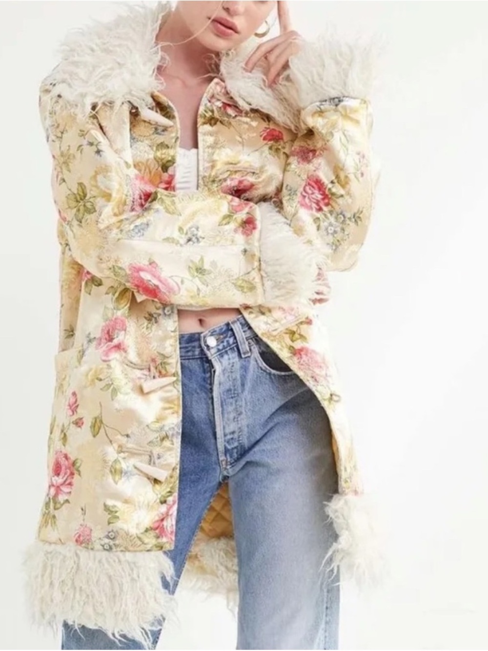 Urban Outfitters Cream Floral Brocade Faux-Fur Trim Trench Coat